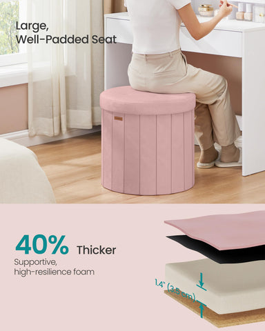 Songmics Mazie round storage ottoman reveals generous 17.1-gallon capacity in a compact footprint.