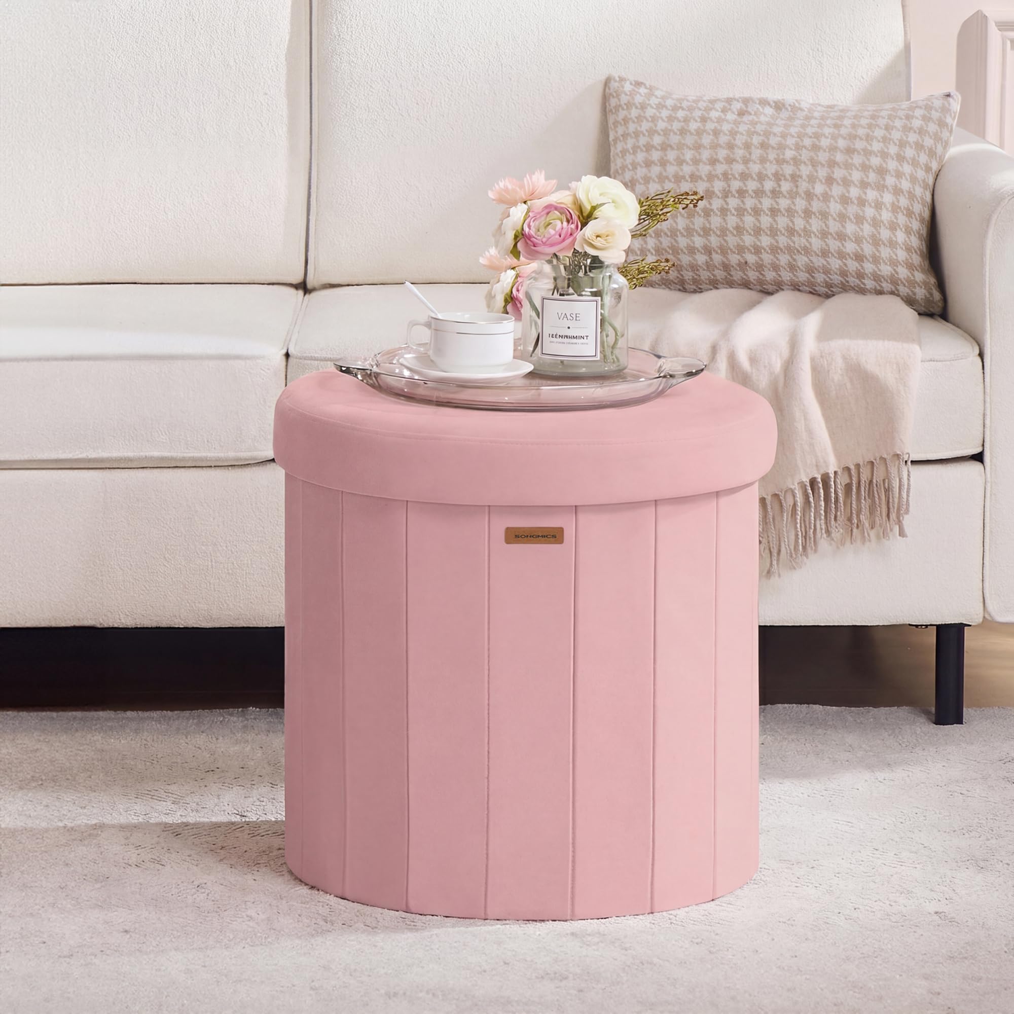 Songmics Mazie round storage ottoman ready for quick assembly and space-saving use.