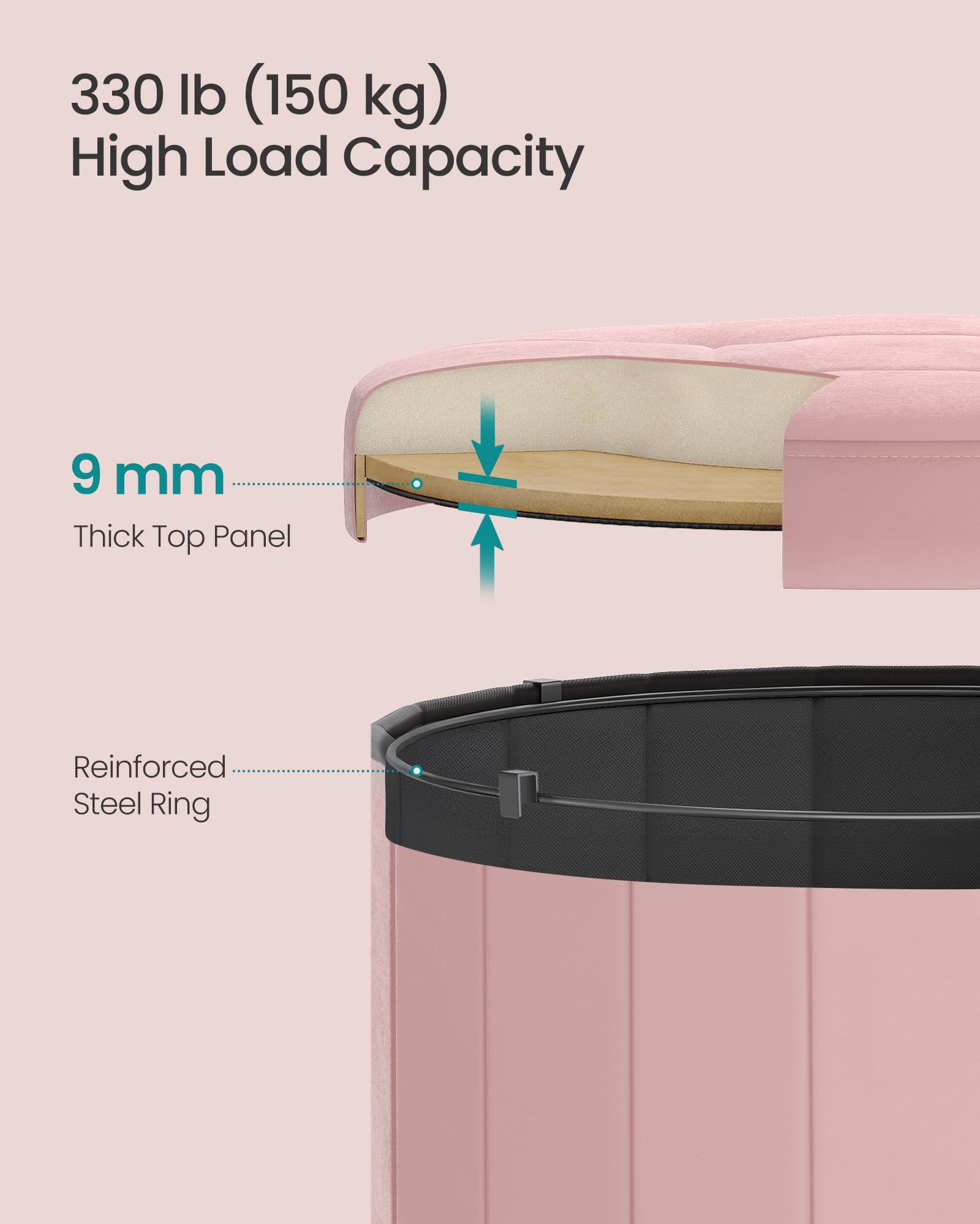 Songmics Mazie round storage ottoman with removable lid for versatile seating and storage.