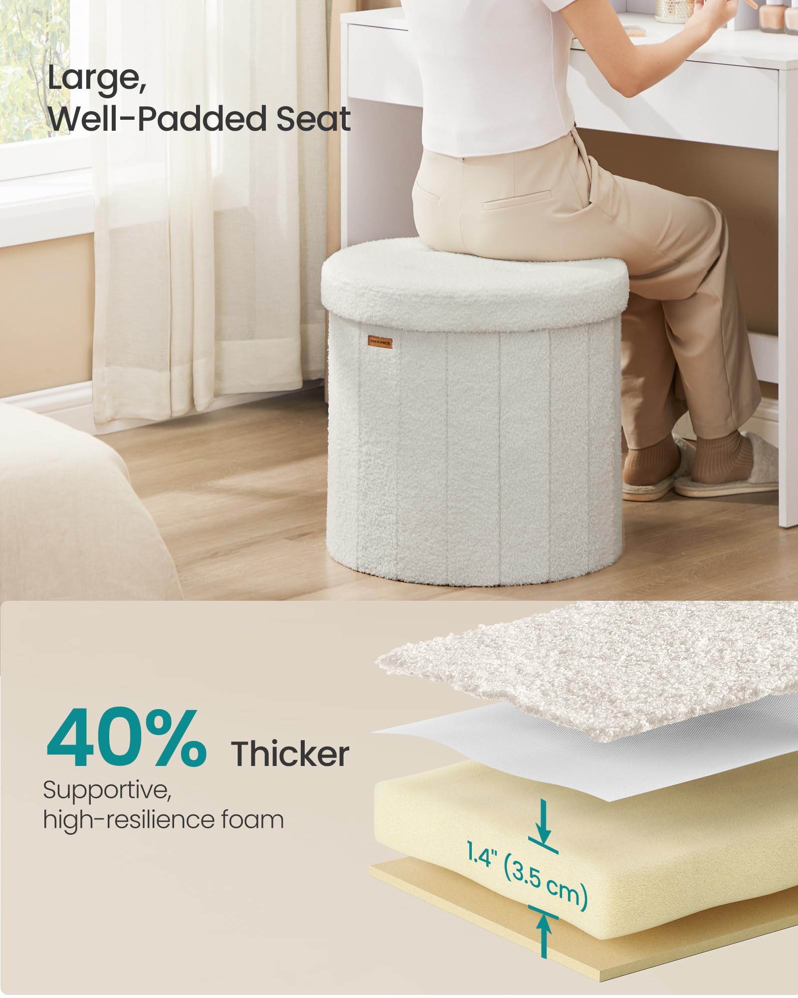 SONGMICS Mazie round ottoman seat close-up showing 2-inch foam padding