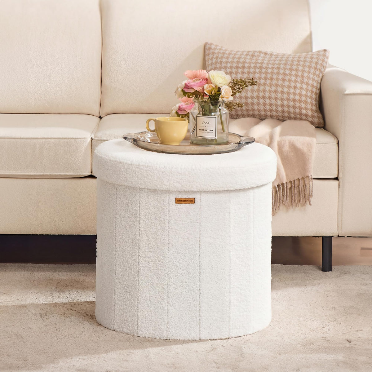 SONGMICS Mazie round storage ottoman top view highlighting sturdy MDF surface for durability