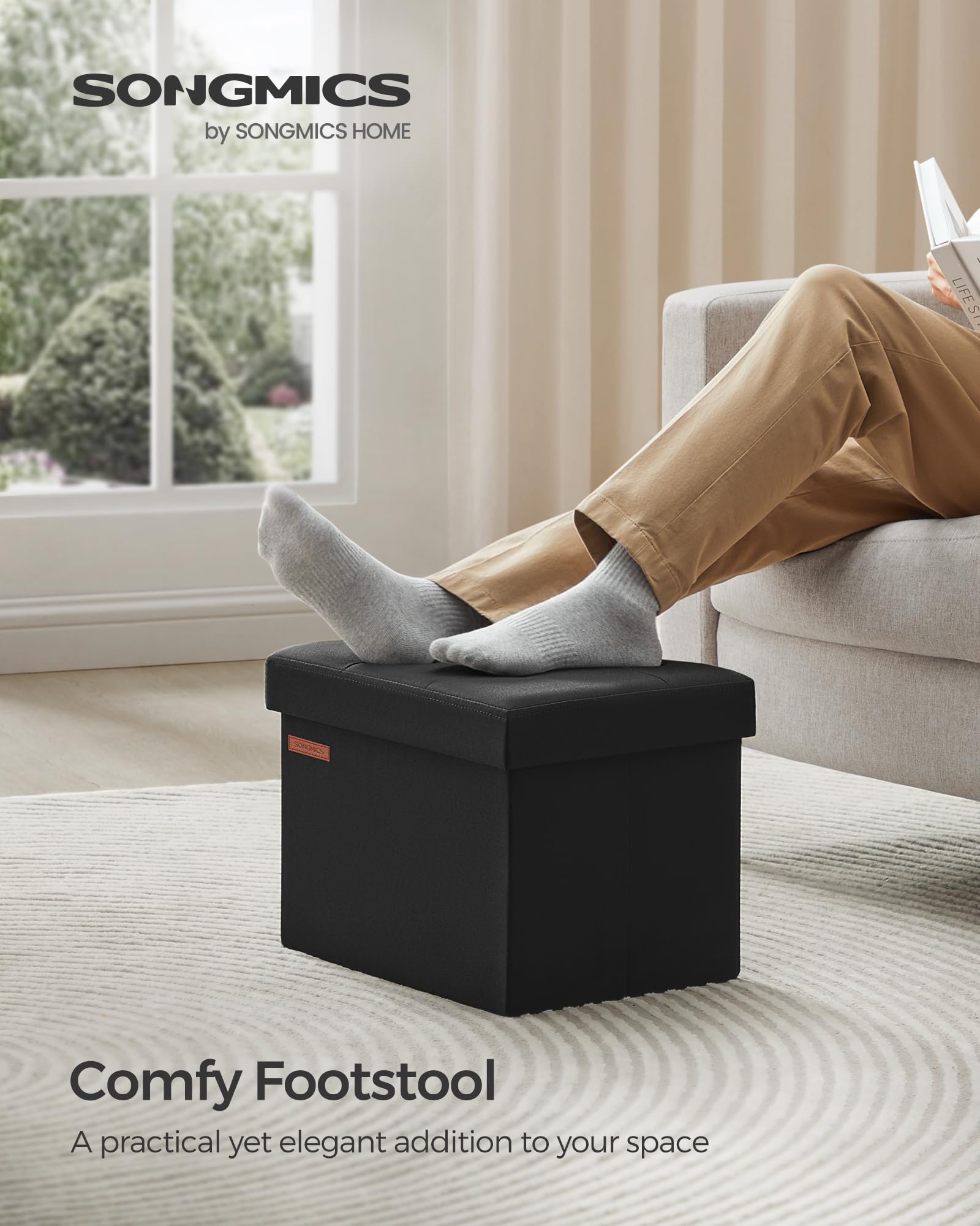Songmics MAZIE 32L storage ottoman open for organized clothes and magazines.