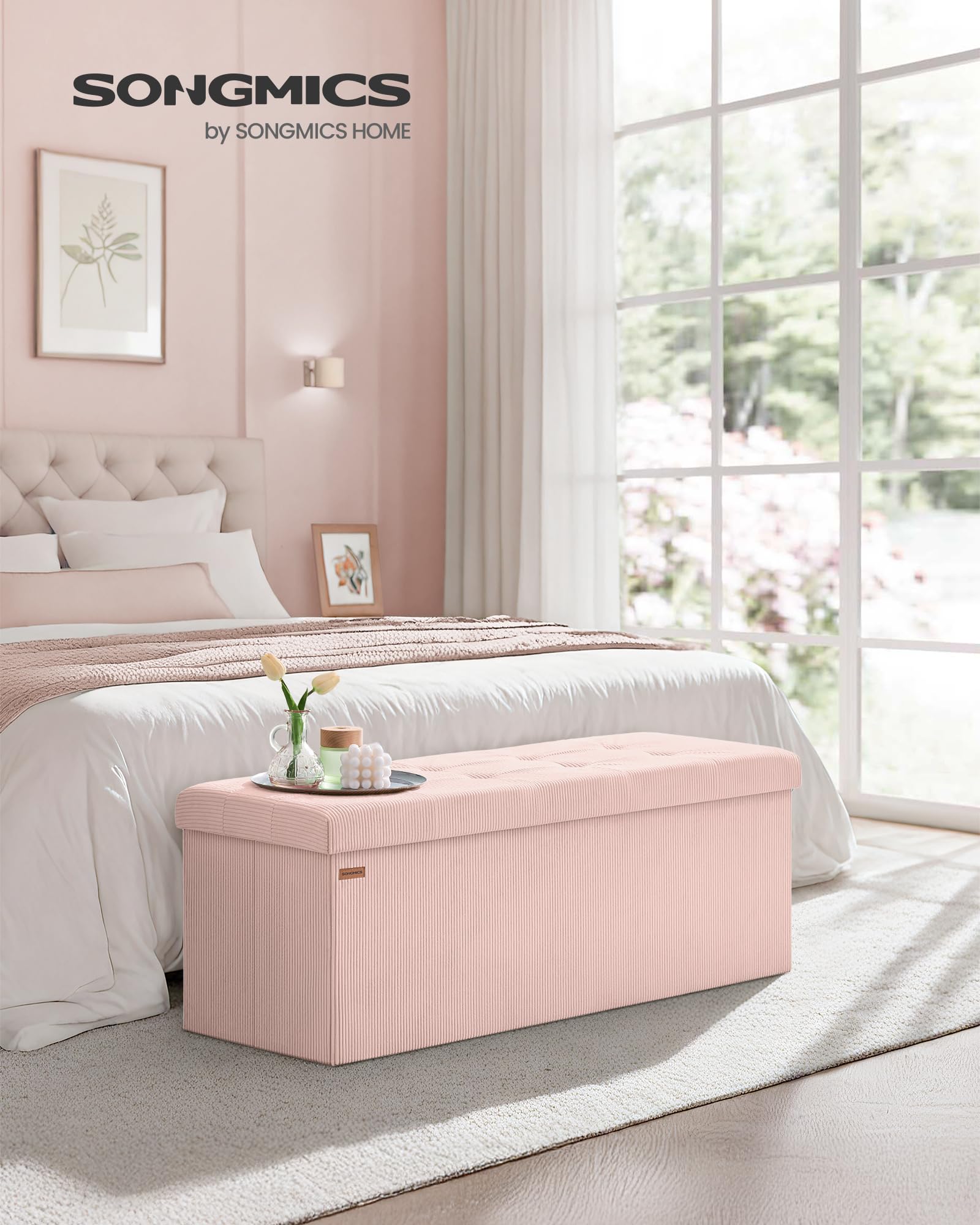 SONGMICS MAZIE storage bench 35 gallon capacity for blankets and books.