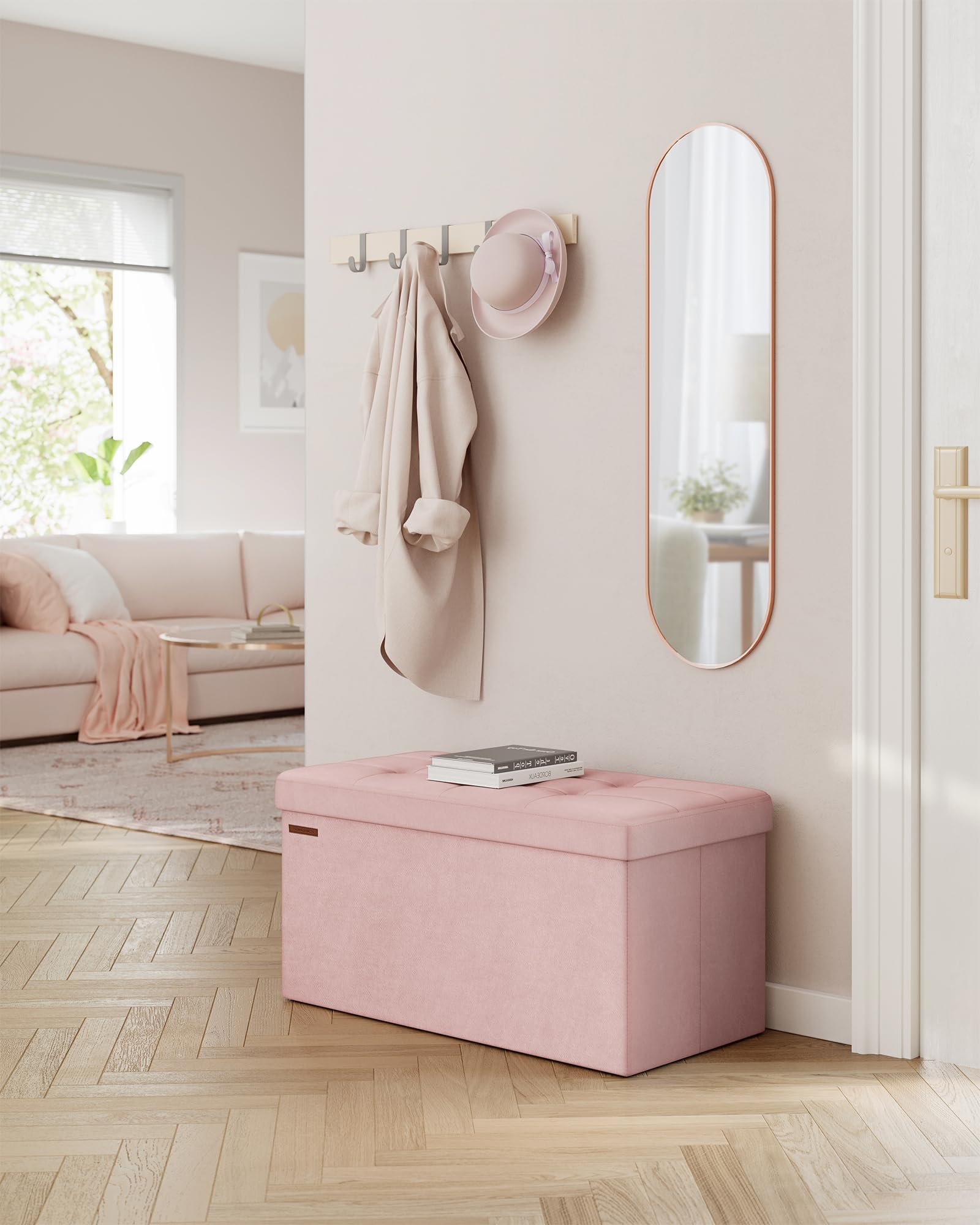 Songmics Mazie ottoman showing 24-gallon capacity and extra storage boxes