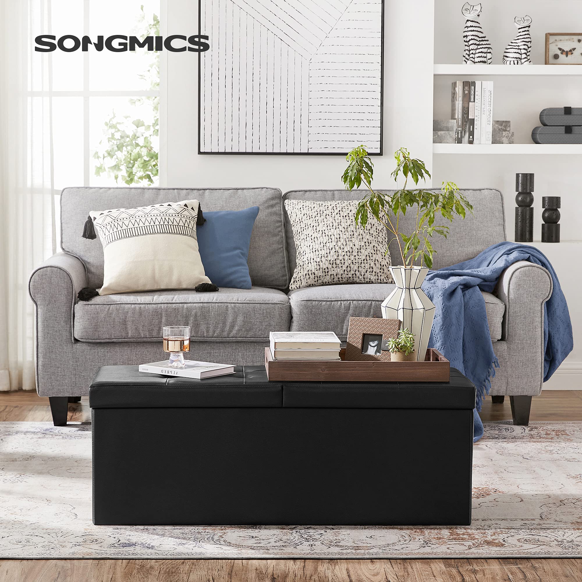 SONGMICS Mazie storage bench with 120 L capacity and divider for organization.