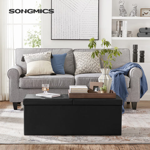 SONGMICS Mazie storage bench with 120 L capacity and divider for organization.