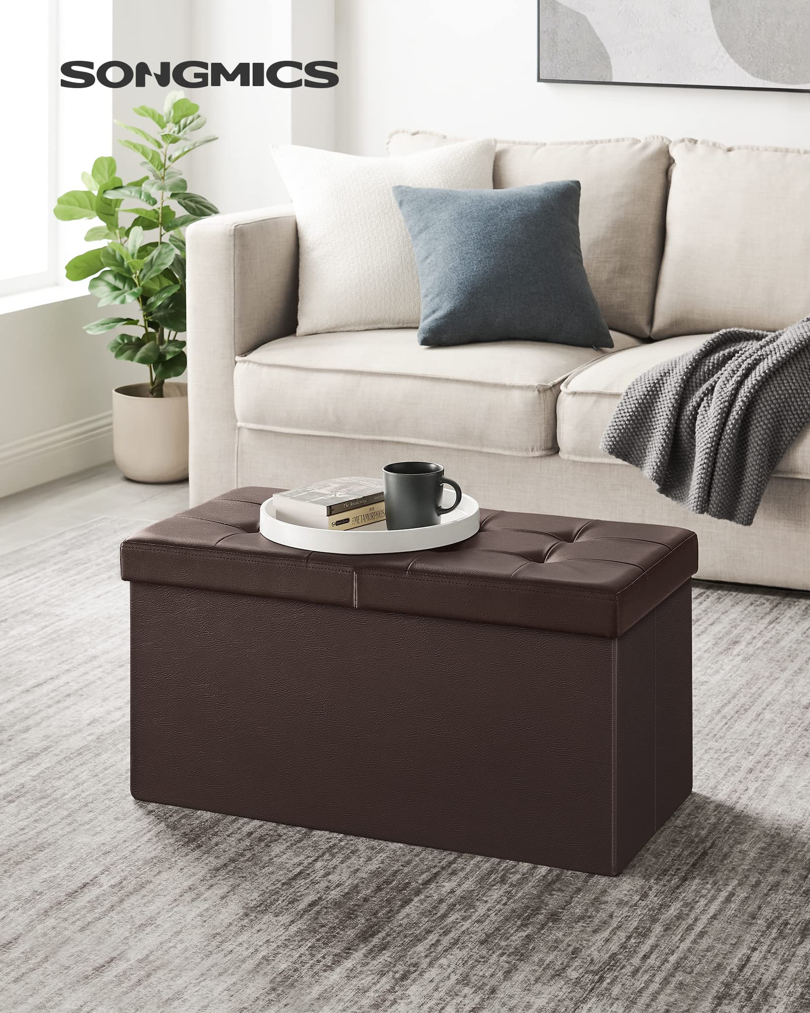 SONGMICS MAZIE brown storage ottoman lid open, easy access to 24-gallon capacity