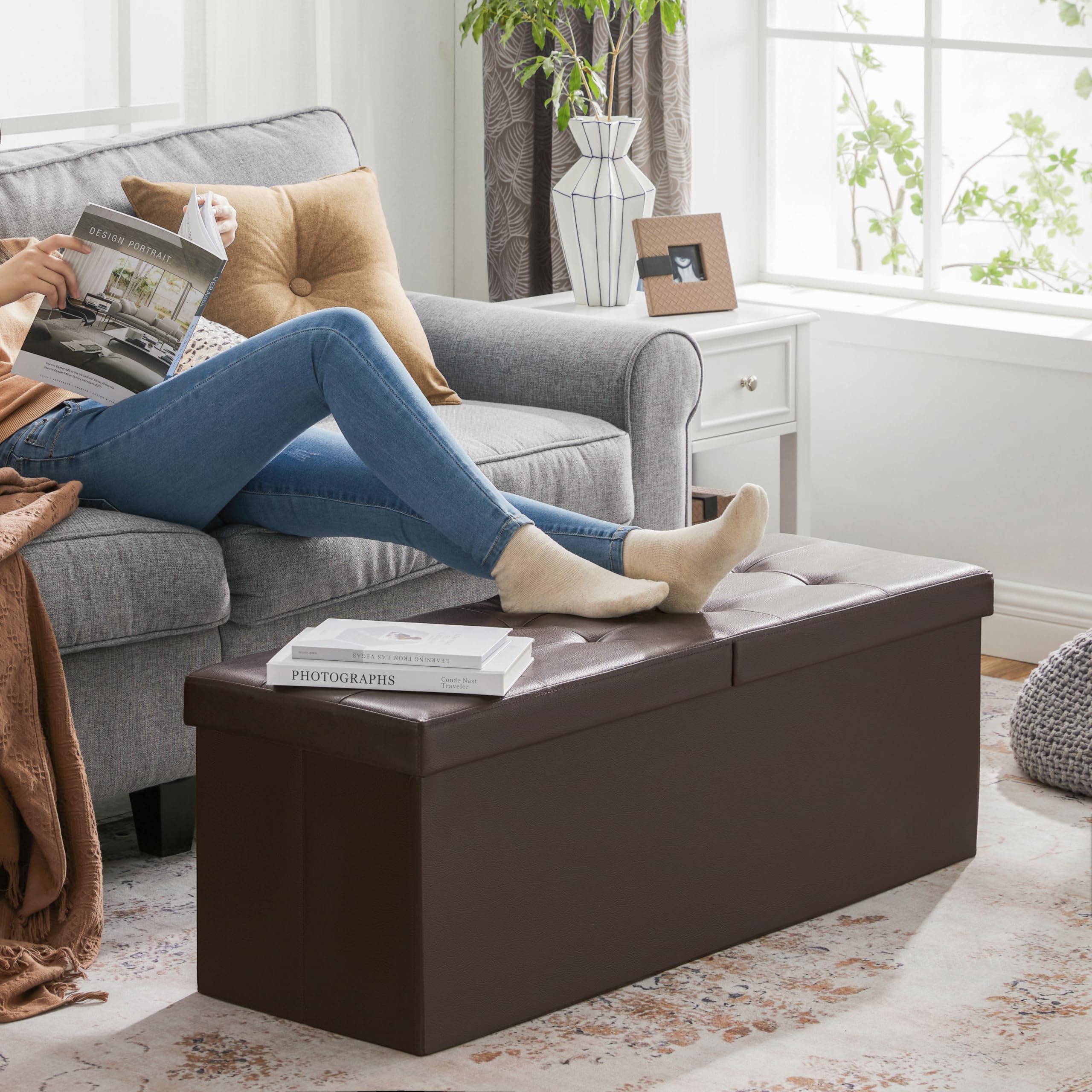 SONGMICS MAZIE storage ottoman doubles as a coffee table.