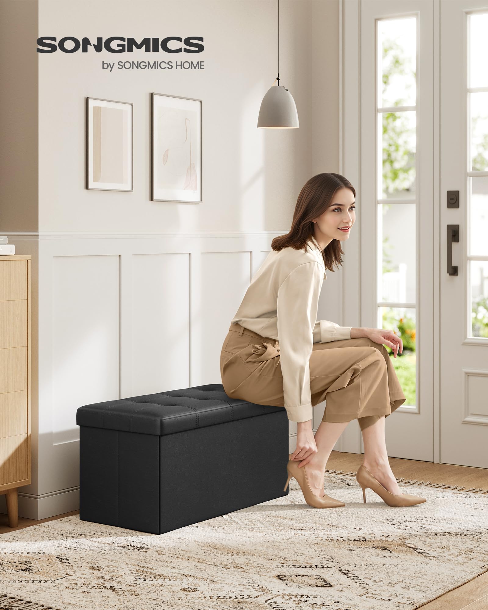 SONGMICS MAZIE storage shows 24 gal capacity for linens and clothes.