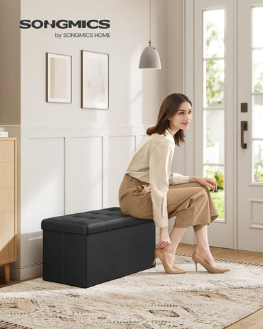 SONGMICS MAZIE storage shows 24 gal capacity for linens and clothes.