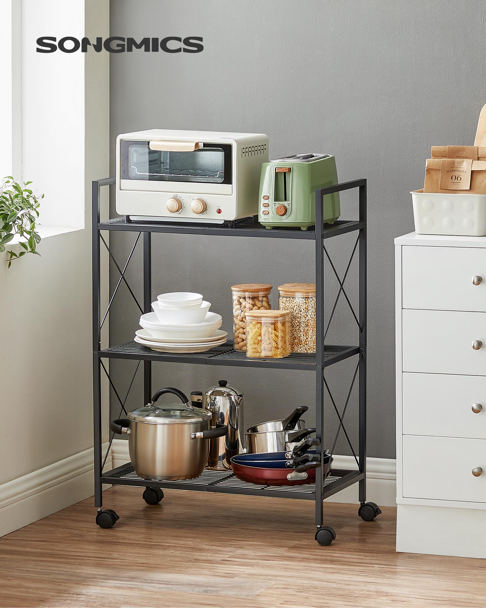 Songmics mesh shelves close-up showing durable steel construction.