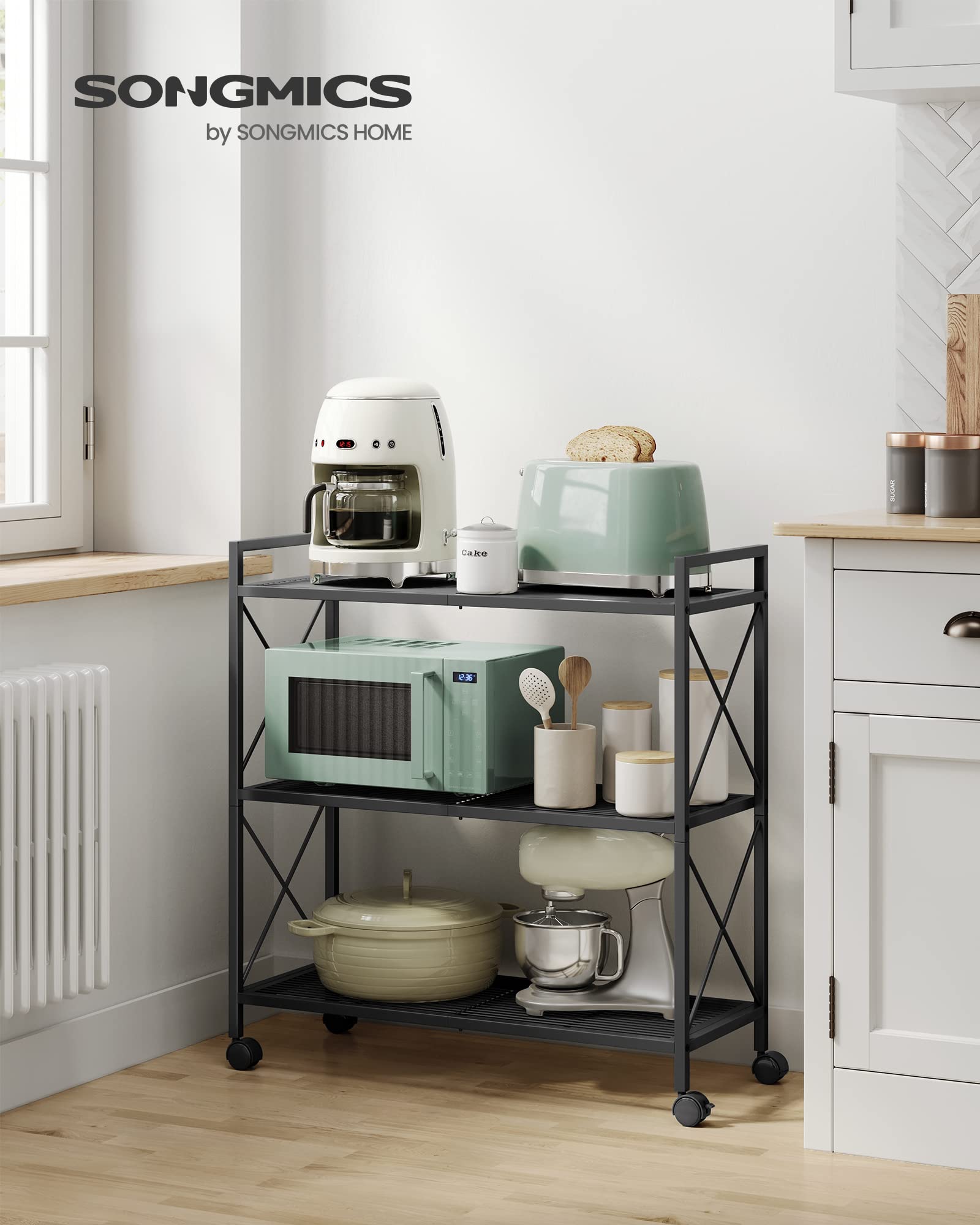 SONGMICS mesh shelves with X side frames ensure stable organization.