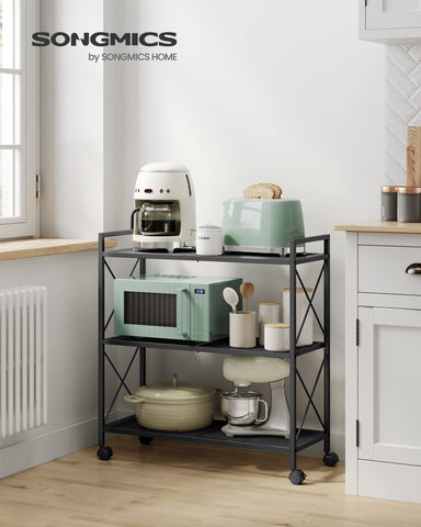 SONGMICS mesh shelves with X side frames ensure stable organization.