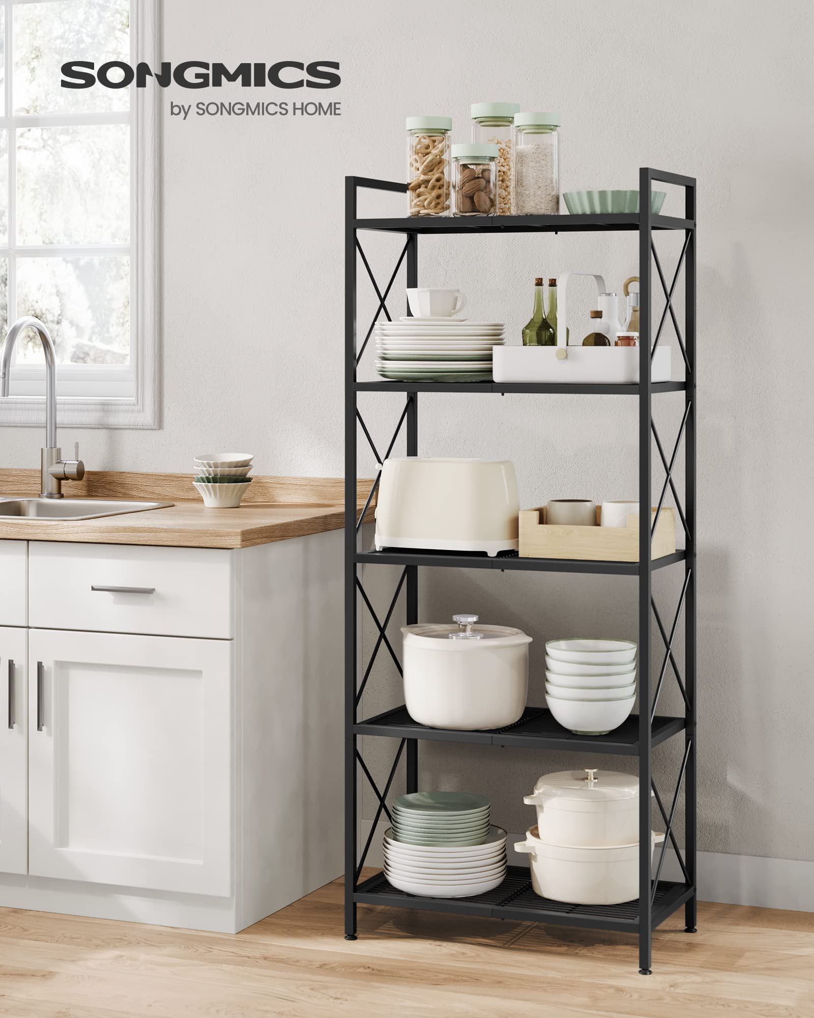 SONGMICS metal shelving unit with dense mesh for small-item stability.