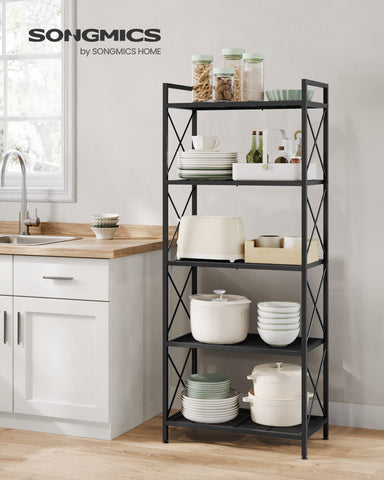 SONGMICS metal shelving unit with dense mesh for small-item stability.