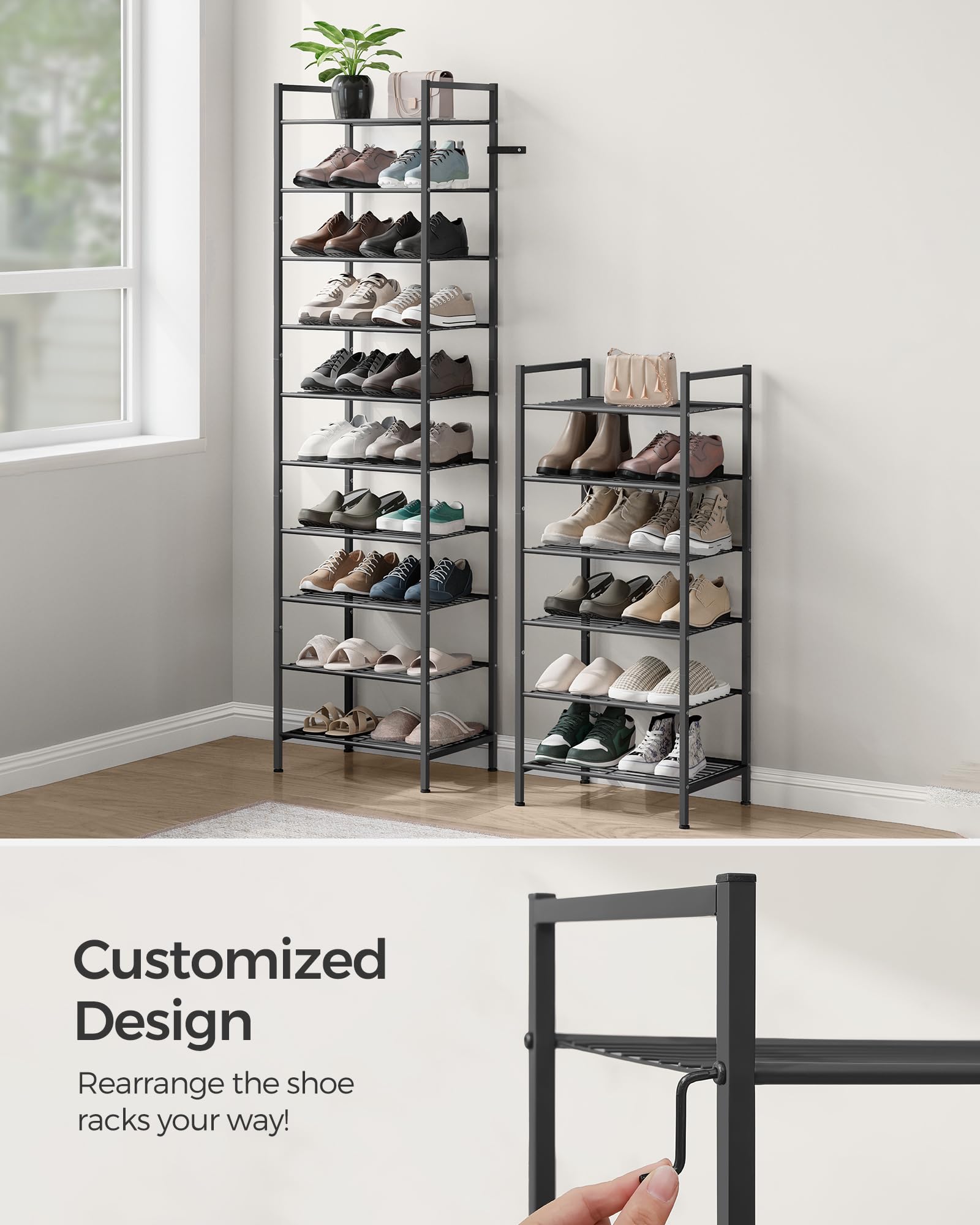 SongMICS narrow 8-tier shoe rack side profile highlighting vertical storage.
