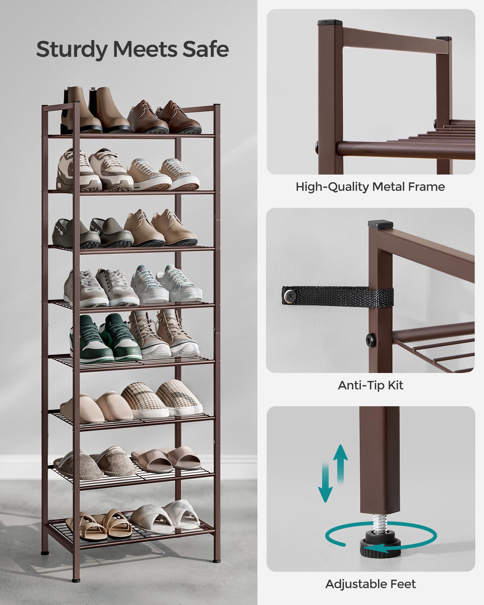 SONGMICS Narrow Shoe Rack dimensions show a tall, space-saving footprint.