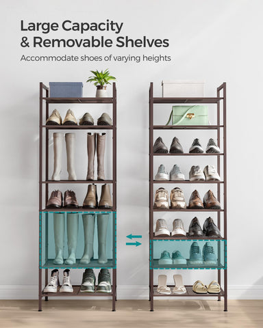 SONGMICS Narrow Shoe Rack stackable configuration enables extra storage vertically.