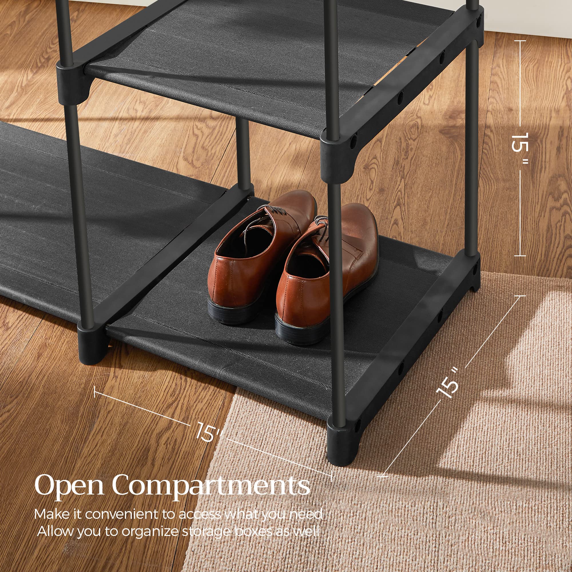 SONGMICS neutral black closet fits a cloakroom, bedroom, or entryway.