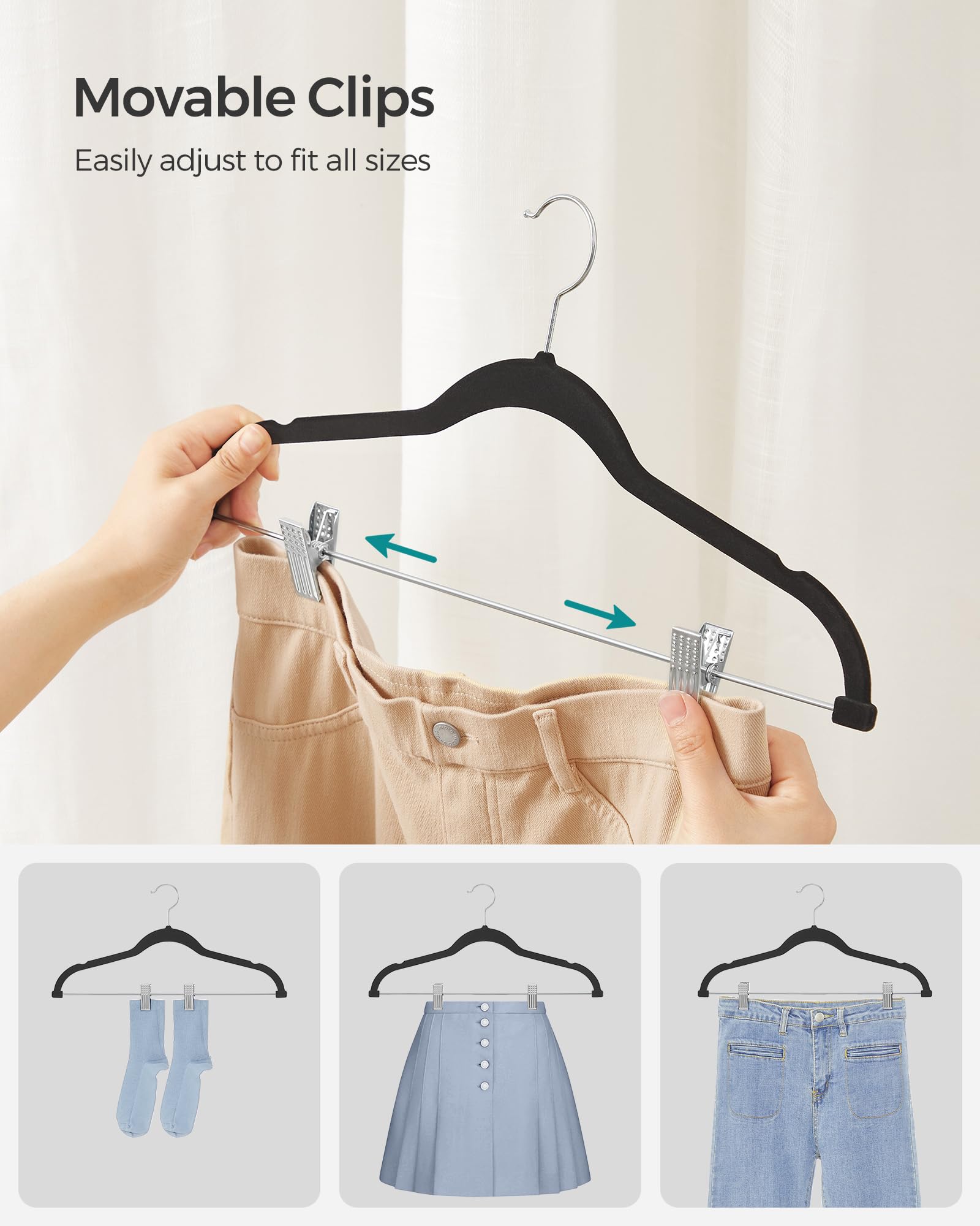 Non-slip shoulder grooves on SONGMICS velvet hangers for delicate tops.