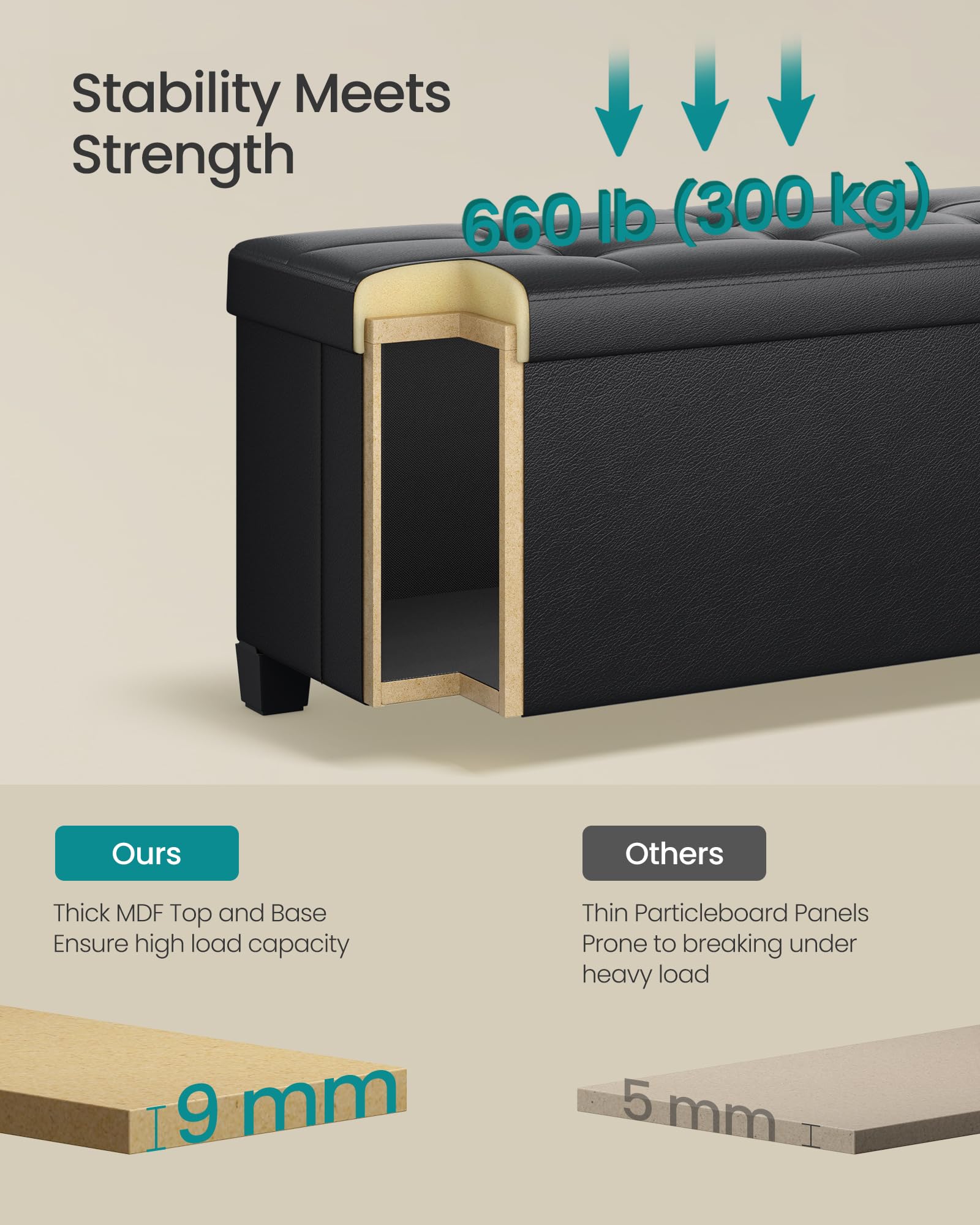 SongMICS ink black ottoman folded flat for compact storage when not in use.
