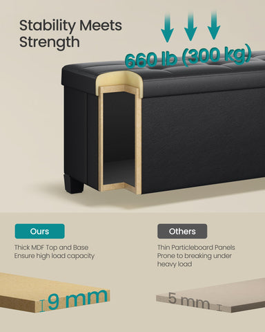 SongMICS ink black ottoman folded flat for compact storage when not in use.