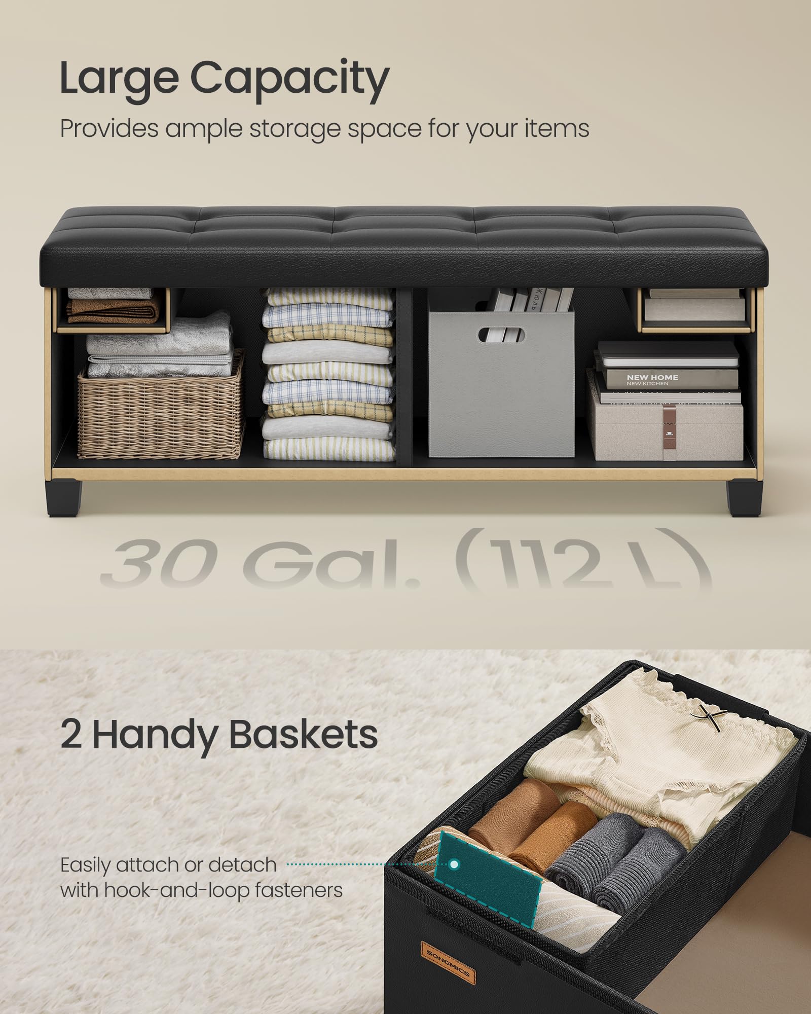 SongMICS ink black ottoman in a living room setup, serving as footrest and storage.