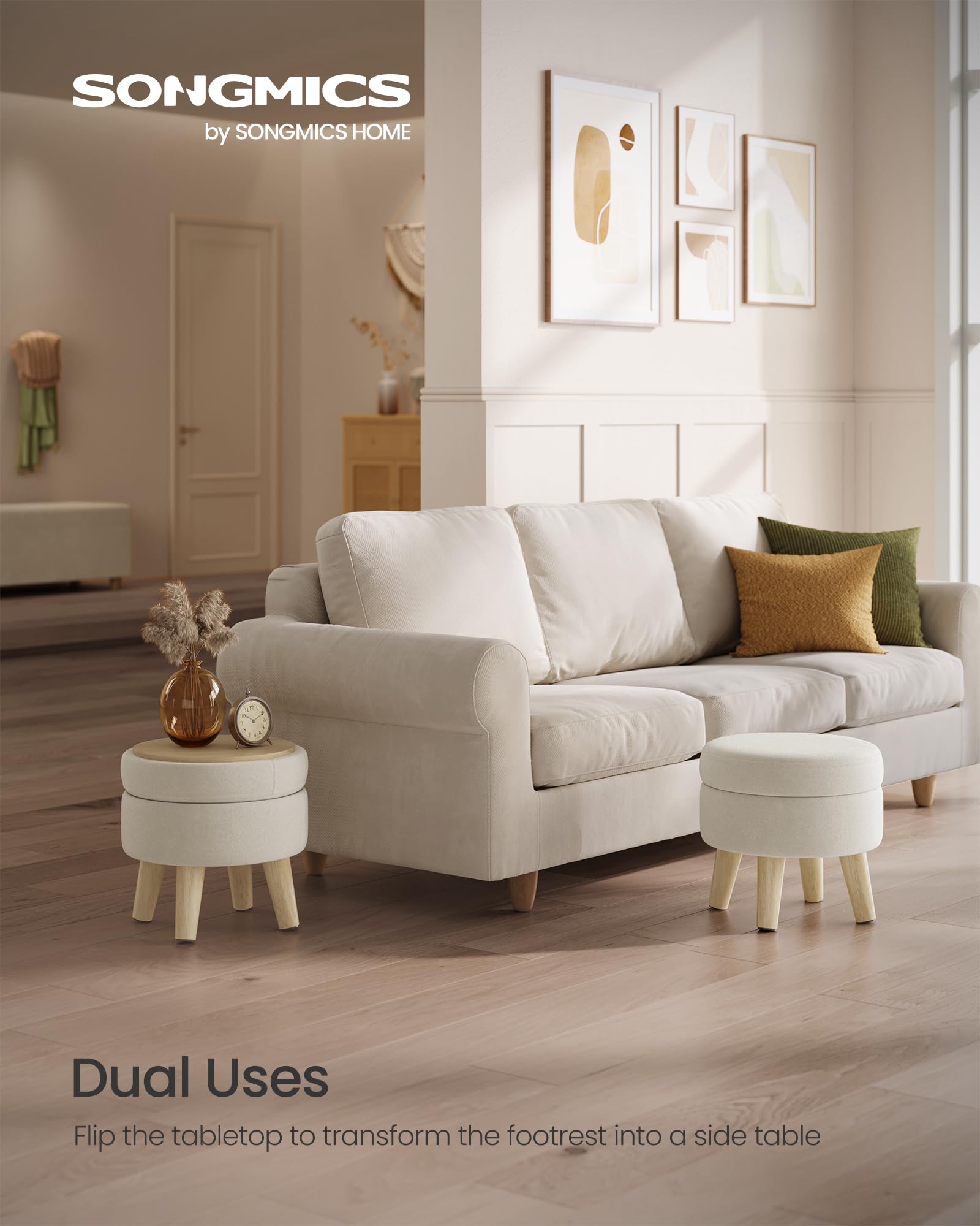 Songmics padded-seat ottoman in cream velvet provides comfortable foot support.