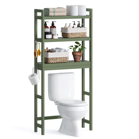 SONGMICS over-the-toilet storage in forest green with 3-tier shelves and hooks.