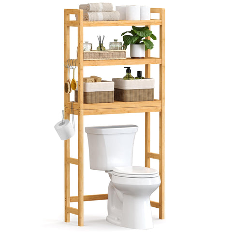 SONGMICS over-the-toilet storage unit with three shelves in natural bamboo finish.