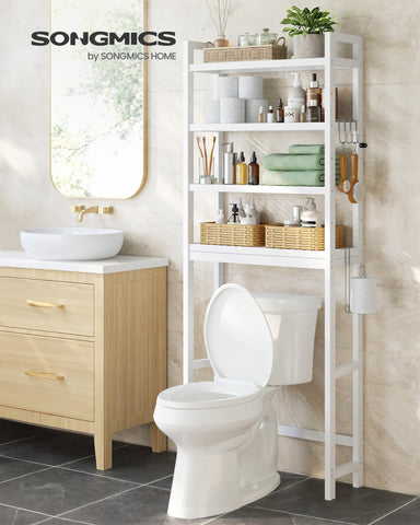 SONGMICS over-the-toilet storage adjustable shelves offer flexible heights for shampoos and cosmetics.