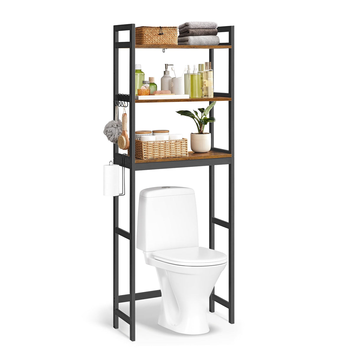 SONGMICS over-the-toilet storage assembly step demonstrates easy setup and space-saving design.