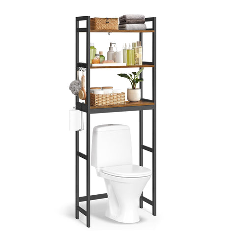 SONGMICS over-the-toilet storage assembly step demonstrates easy setup and space-saving design.
