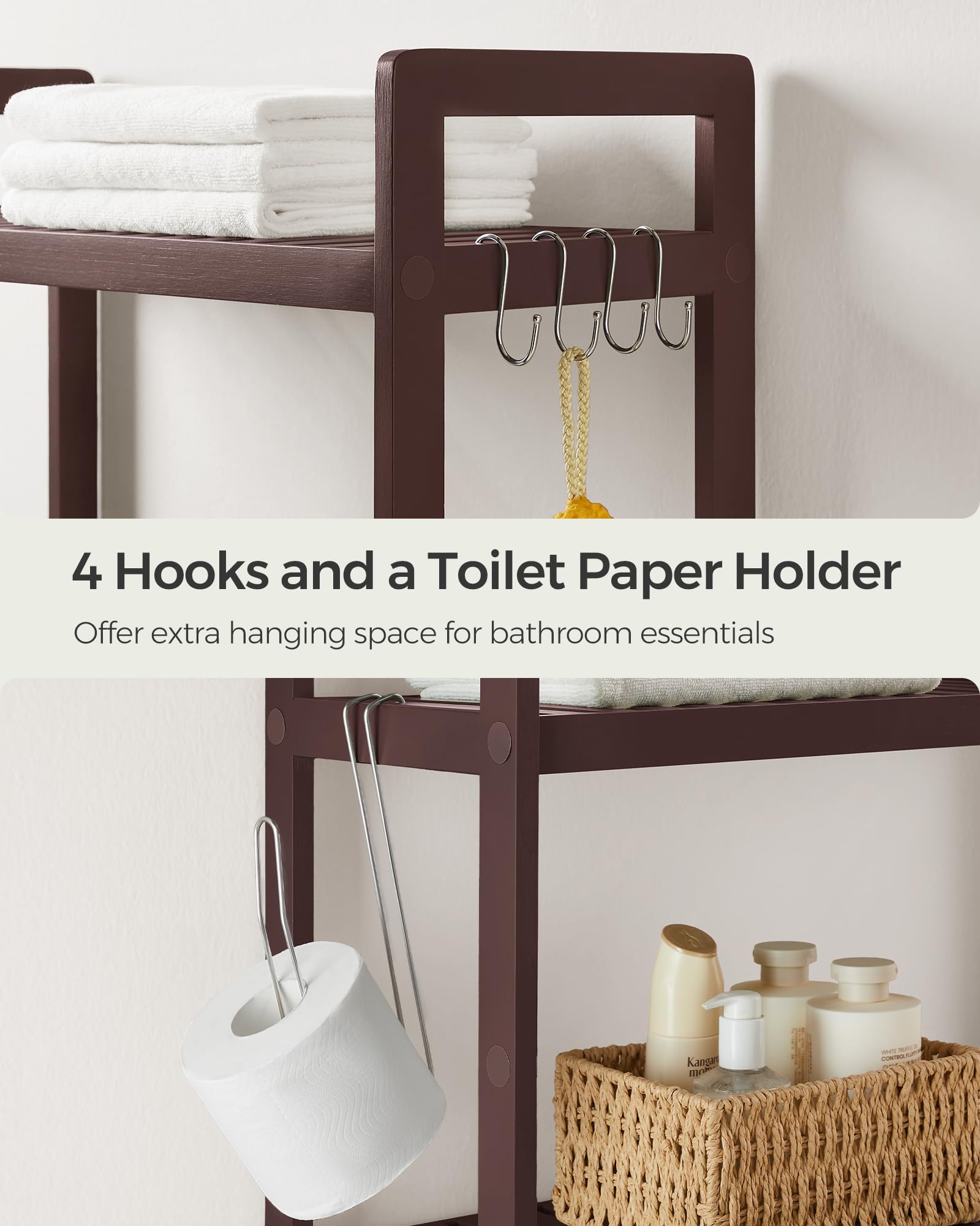 Songmics brown finish over-toilet storage blends warmth with modern décor