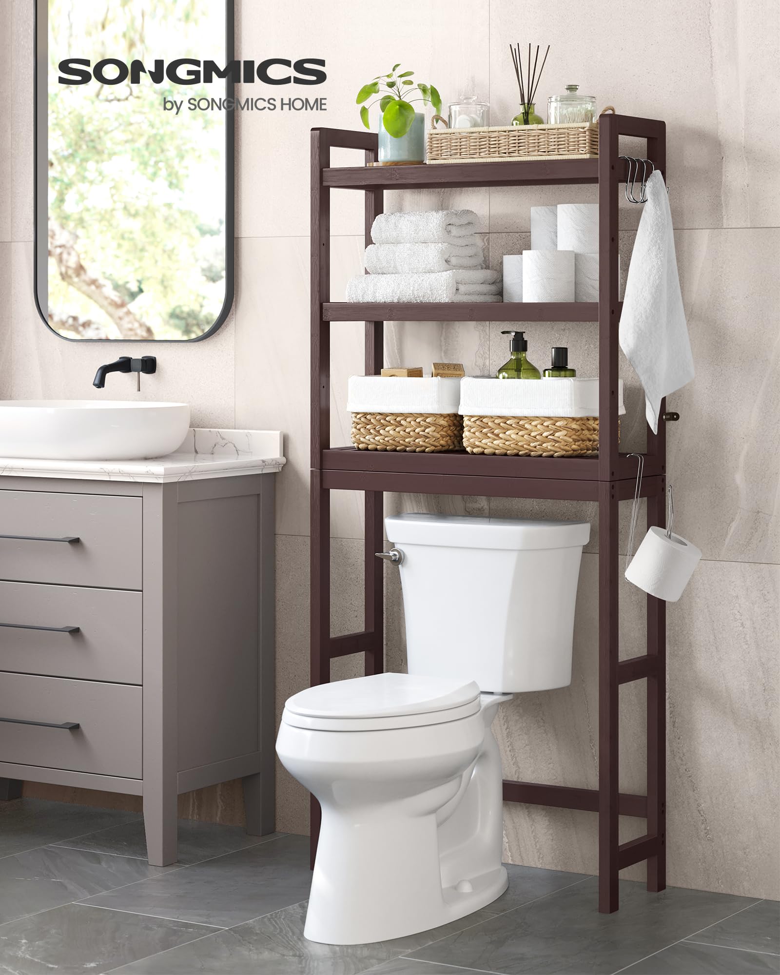 Songmics over-the-toilet storage side view showing adjustable shelf heights