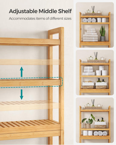 Large bottom storage area frees floor space above the toilet.
