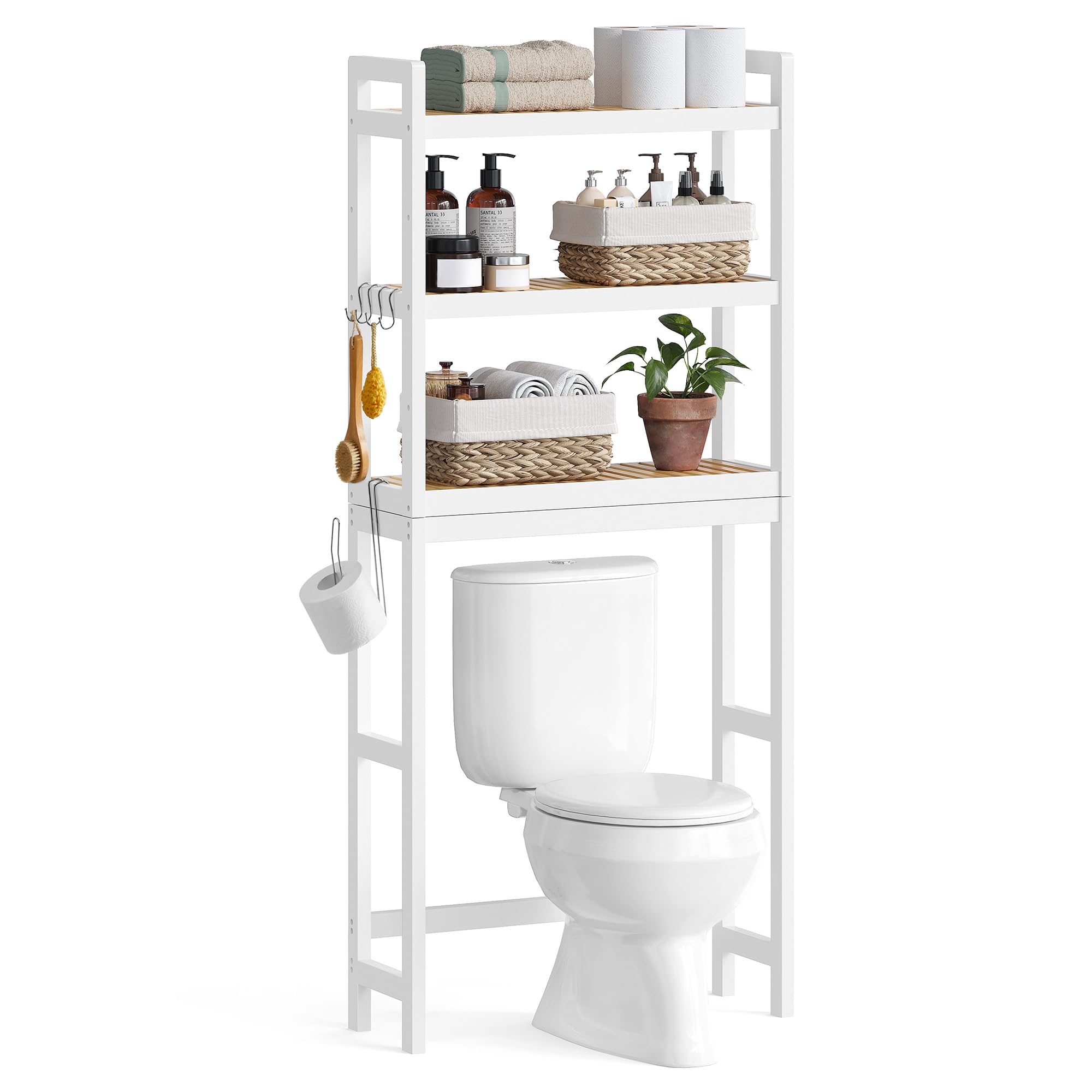 SONGMICS 3-tier over-the-toilet storage front view for space-saving bathroom organization.