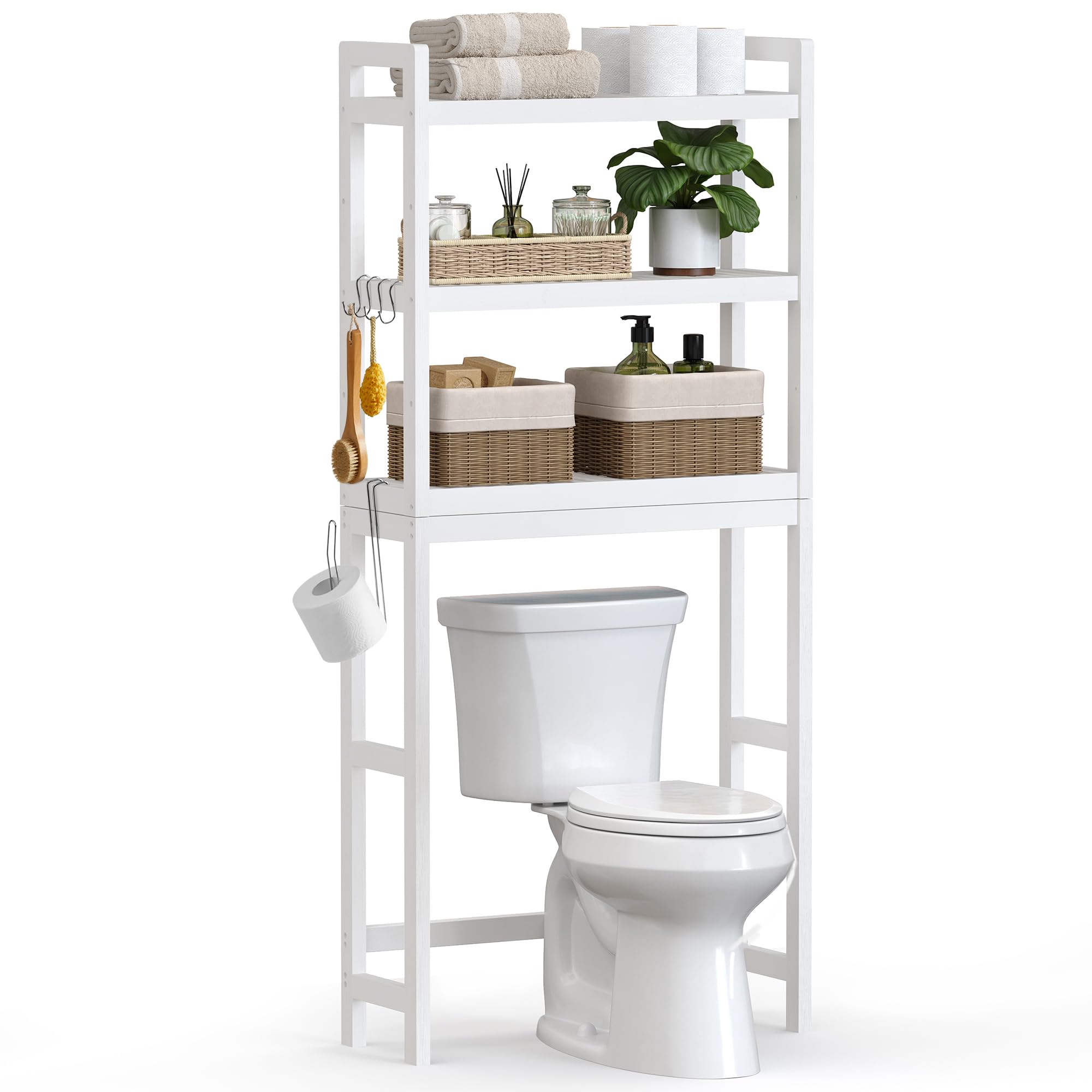 SONGMICS over-the-toilet storage 3-tier shelf keeps bathroom essentials organized.