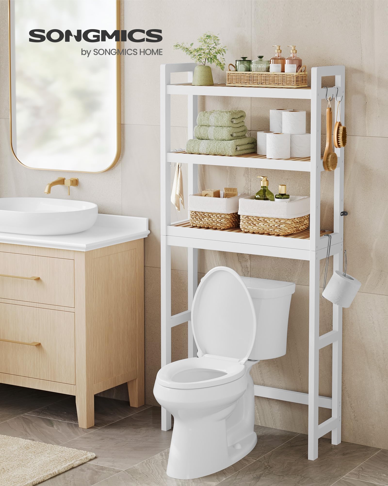 SONGMICS adjustable middle shelf highlight for tall bottles and plants.