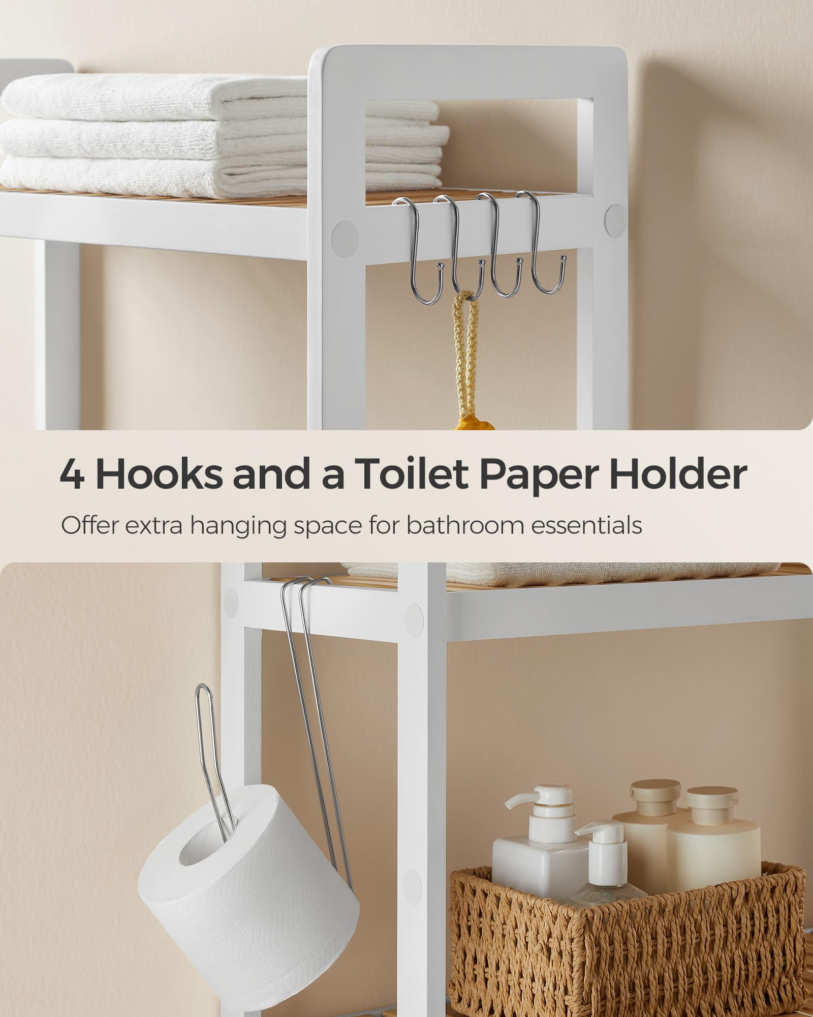 SONGMICS fits over toilets or over washing machines for versatile placement.