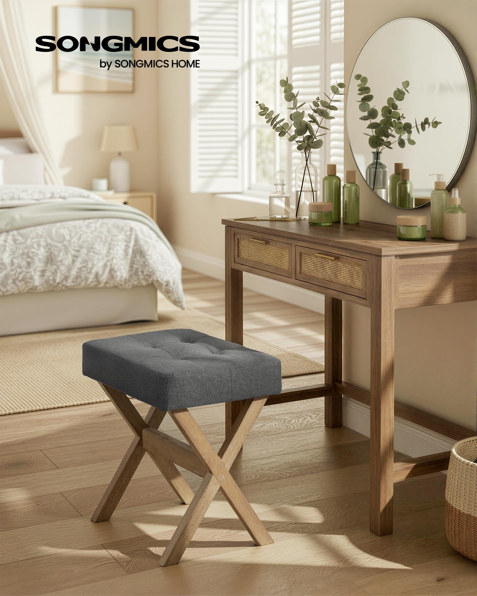 SONGMICS padded vanity stool provides soft, durable comfort for makeup sessions.