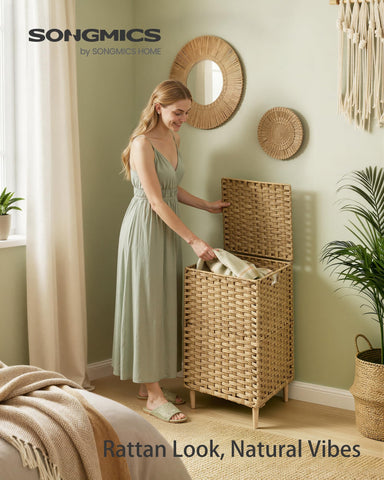 SONGMICS PE rattan weave provides breathable laundry storage.