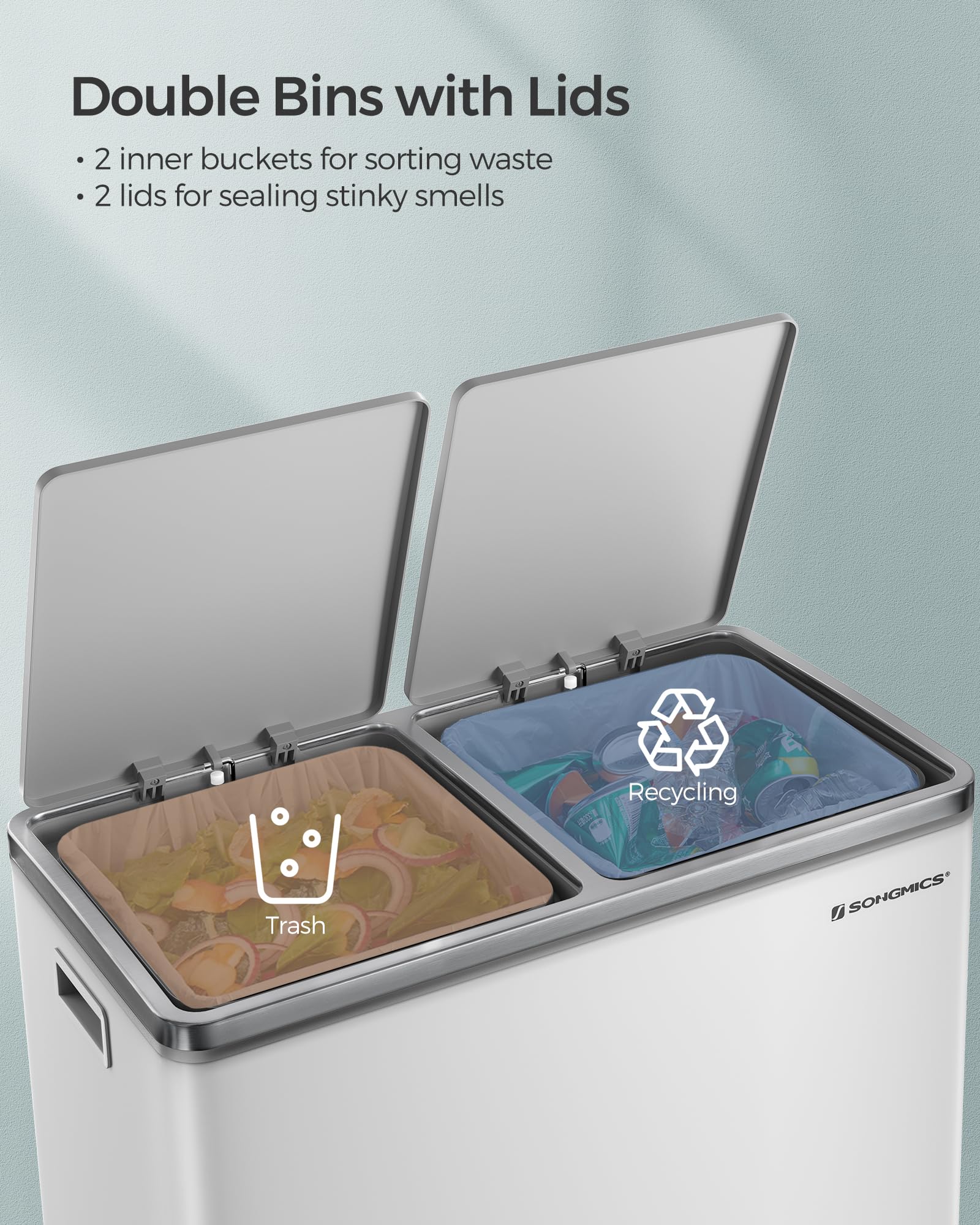 SONGMICS pedal-operated lid frees hands during cooking and cleanup.