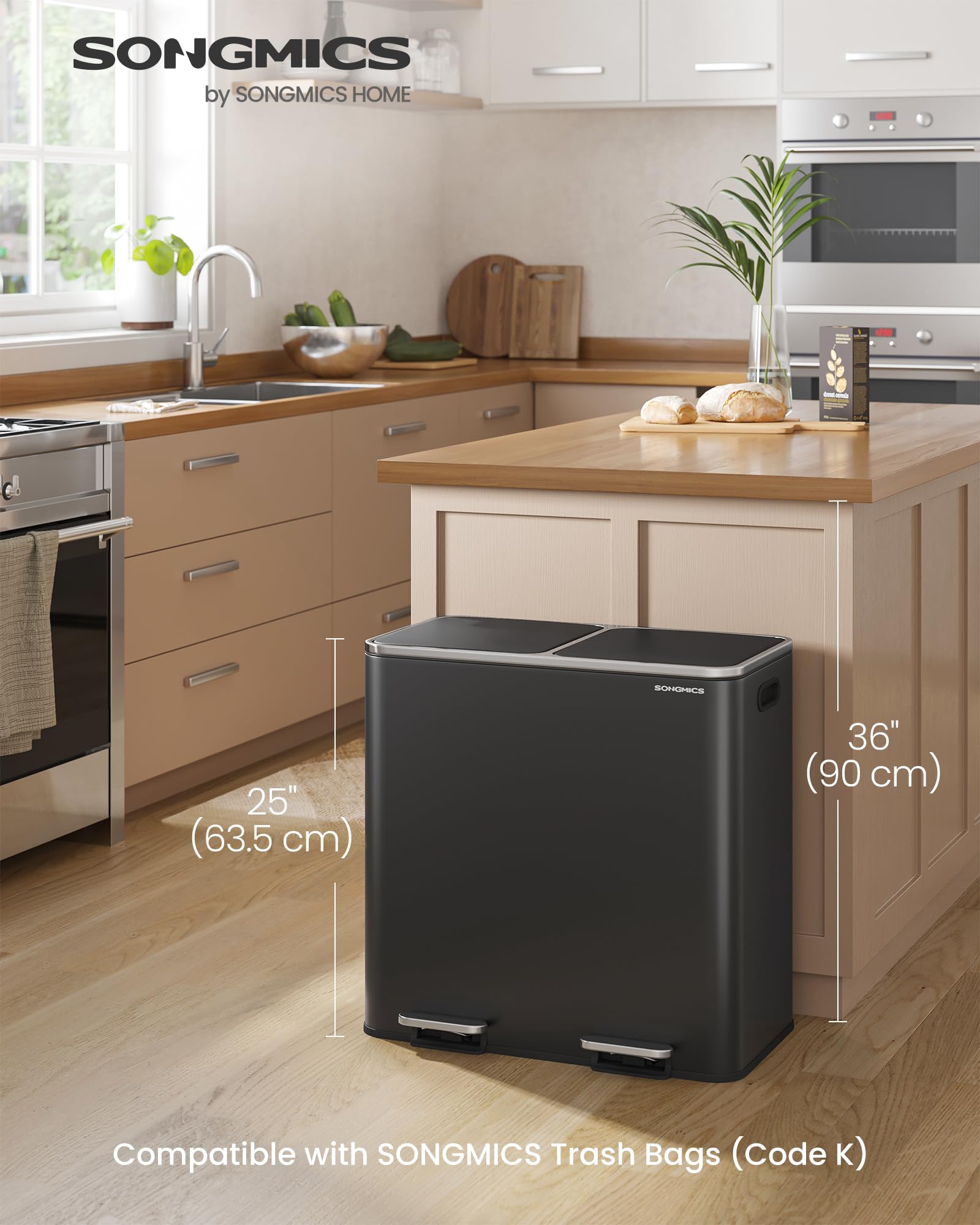 SONGMICS pedal-operated lid enables hands-free waste disposal in the kitchen