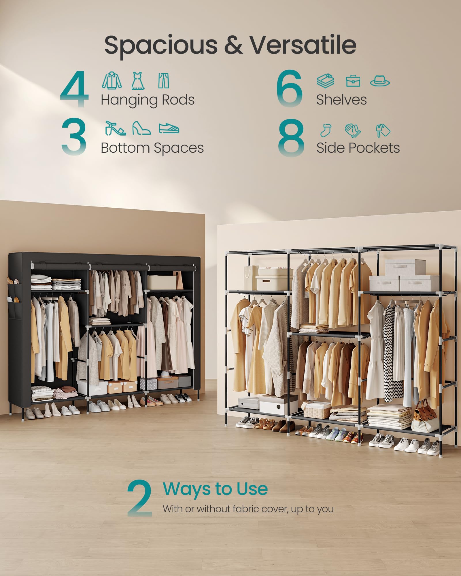 SONGMICS steel-frame closet with a dust-cover keeps garments protected.