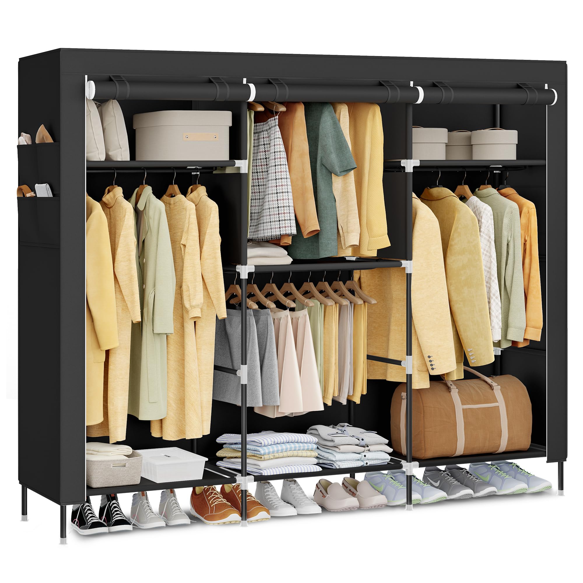 SONGMICS portable closet with four hanging rods for quick, organized outfits.