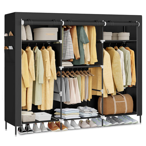 SONGMICS portable closet with four hanging rods for quick, organized outfits.