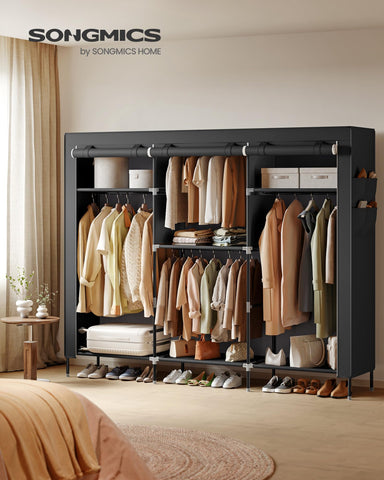SONGMICS fabric wardrobe featuring shoe space and pockets for tidy storage.