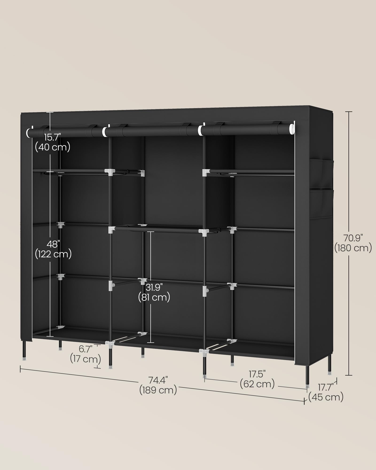 SONGMICS wardrobe with side pockets for accessories and belts.