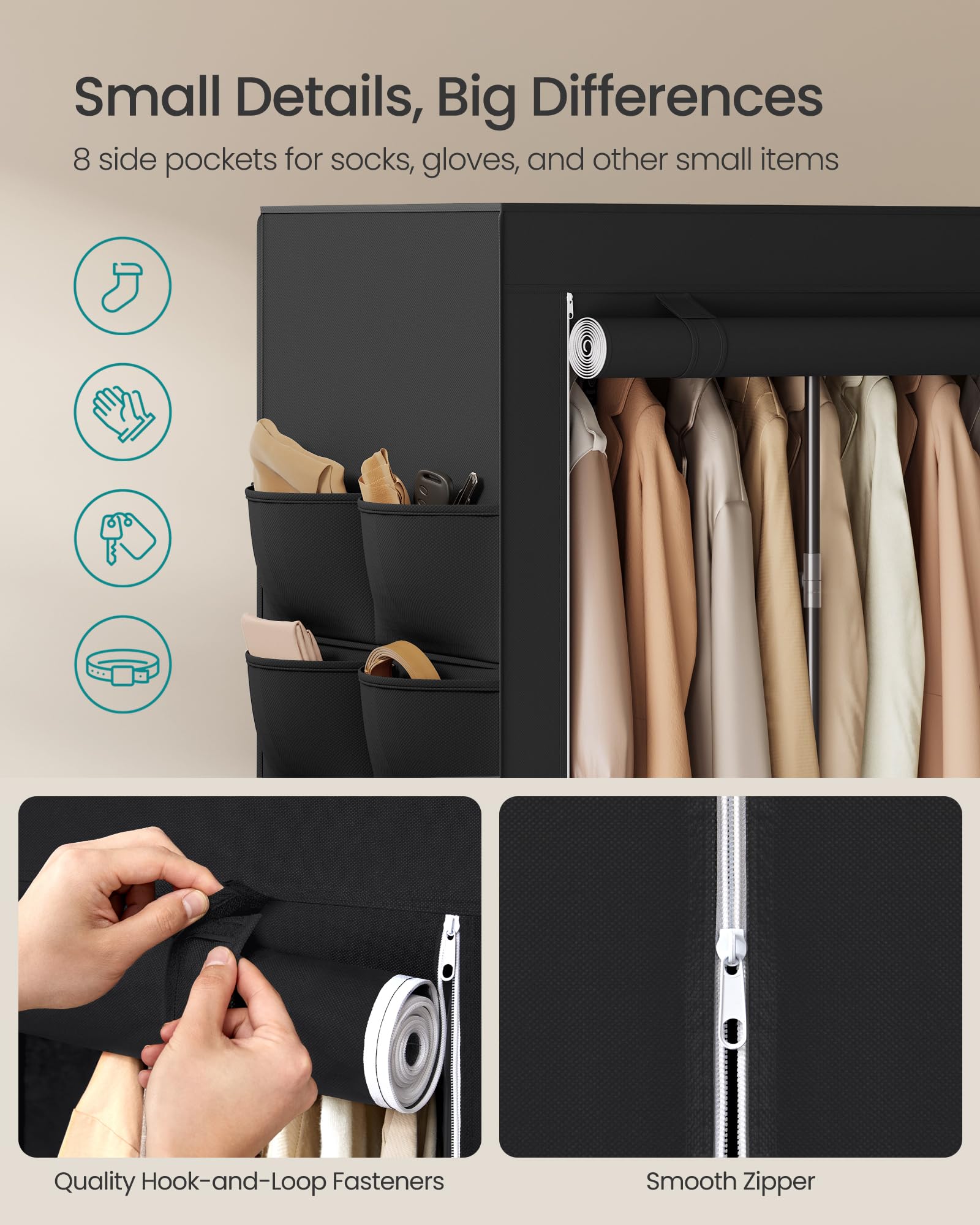 SONGMICS sturdy steel rods provide reliable support for daily outfits.